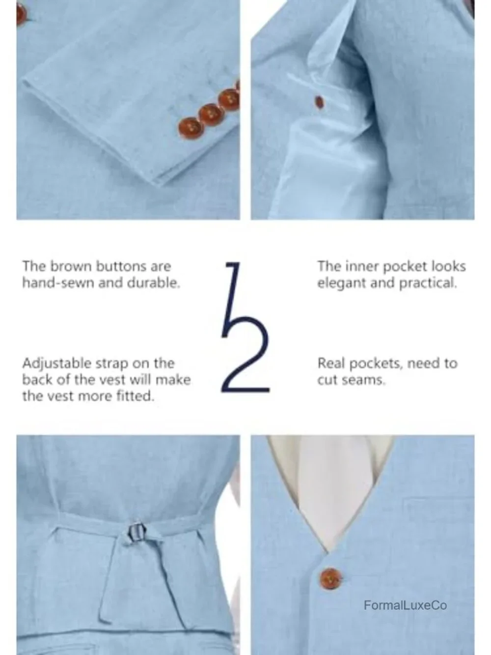 Men's Linen 3-Piece Slim Fit Suit Jacket Vest Pant Set Wedding Tuxedo